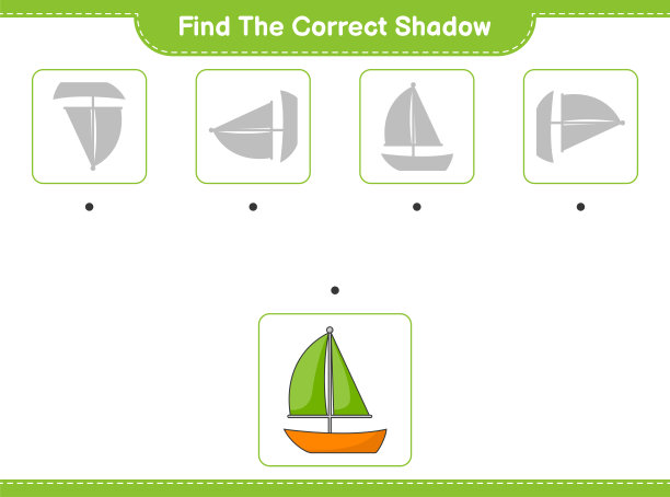 找到正确的影子。找到并匹配正确的影子帆船。教育儿童游戏，可打印的工作表，矢量插图图片下载