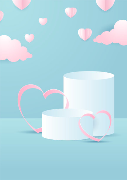 情人节概念海报。矢量插图。3d蓝色和粉红色的纸心与框架的几何背景。可爱的爱情销售横幅或贺卡图片下载