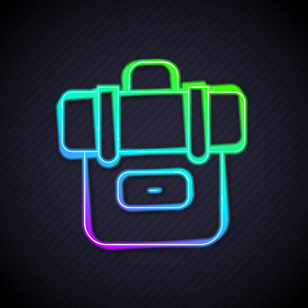 发光的霓虹灯线徒步旅行背包图标孤立在黑色背景。野营和登山探险背包。向量图片下载