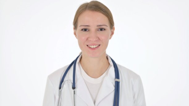 女医生在白色背景下在线视频通话图片下载