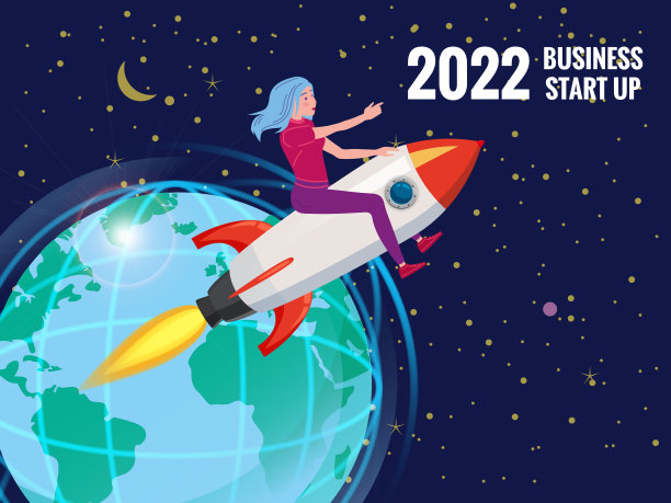 2022年，女商人乘坐火箭飞过天空。创业，目标成就的比喻。航天恒星背景。矢量图图片下载