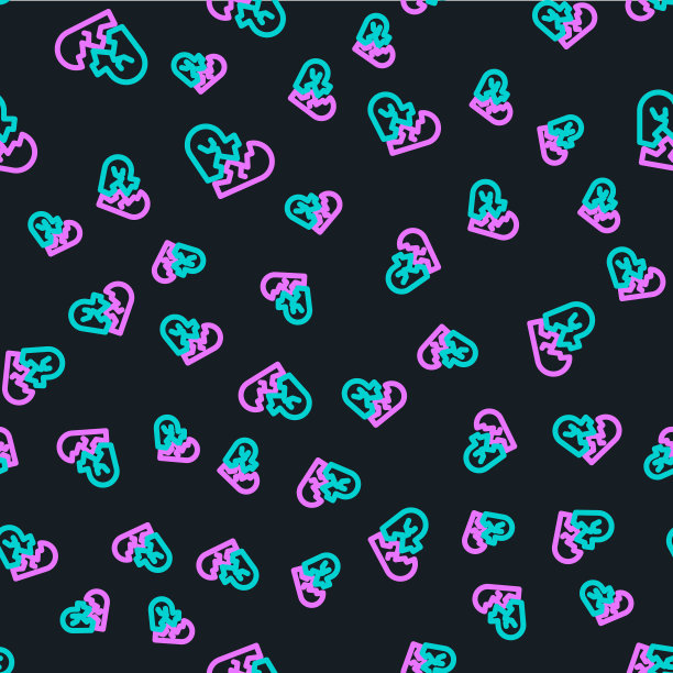 线心碎或离婚图标孤立无缝模式上的黑色背景。爱的象征。情人节。向量图片下载