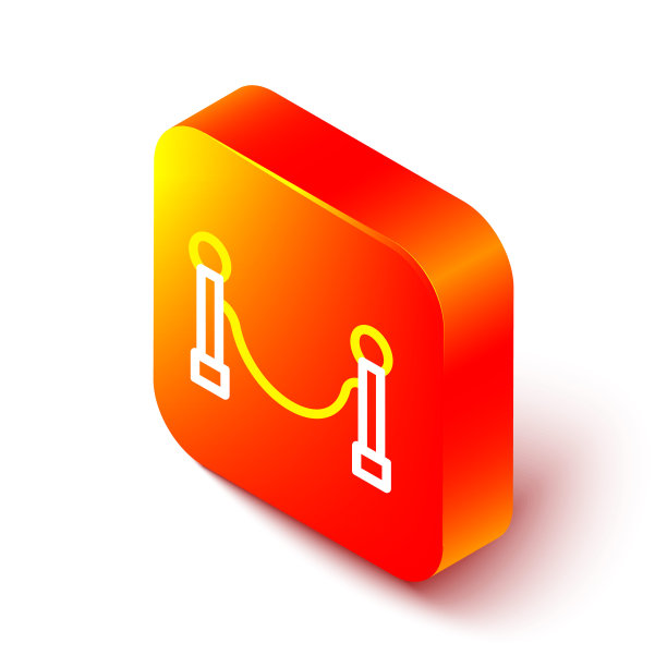 绳索屏障图标孤立在白色背景上。VIP活动，奢华庆典。名人聚会入口。橙色平方按钮。向量图片下载