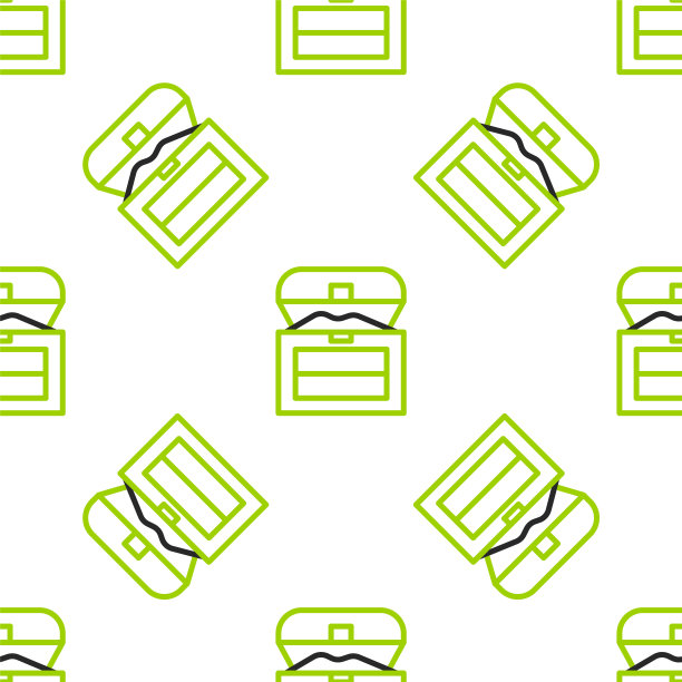 线古董宝箱图标孤立无缝图案在白色背景上。带金币的老式木箱。向量图片下载