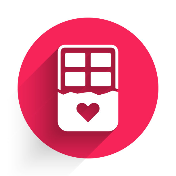 白巧克力条图标孤立与长阴影背景。情人节快乐。红色圆圈按钮。向量图片下载