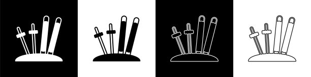 设置滑雪和棍子图标孤立在黑白背景上。极限运动。滑雪设备。冬季运动图标。向量图片下载