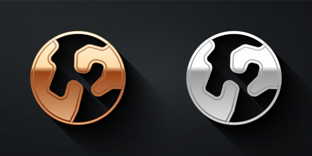 金和银地球图标孤立在黑色背景上。土相星座。全球互联网的象征。几何形状。长长的阴影风格。向量图片下载