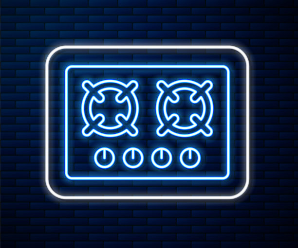 发光的霓虹灯线煤气炉图标孤立在砖墙背景。炉灶面签。带四个圆形燃烧器的滚刀。向量图片下载