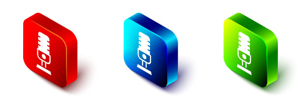 在白色背景上孤立的等距麦克风图标。在空中无线电麦克风麦克风。演讲者的迹象。红色、蓝色和绿色方形按钮。向量图片下载