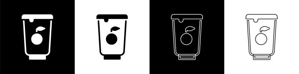 设置酸奶容器图标孤立在黑白背景上。塑料杯里的酸奶。向量图片下载