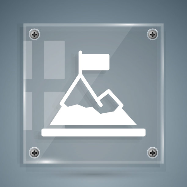 白山与旗帜在顶部图标孤立的灰色背景。象征胜利或成功的概念。目标的成就。方形玻璃面板。向量图片下载