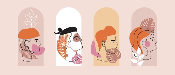 现代抽象的脸与抽象的形状，ilne矢量股票插图作为简约主义概念与现代剪影女人，男人，热带树叶图片下载