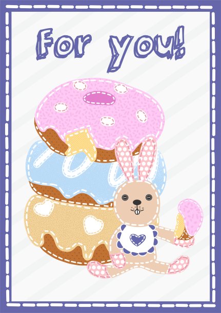 一个贺卡。可爱的兔子和甜甜圈拼接技术。卡通。用于在织物、海报上印刷。图片下载