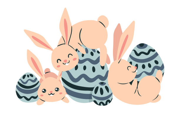 一群小兔子在玩复活节彩蛋。可爱的粉红色兔子与装饰蛋在白色的背景。孤立的野兔孩子气插图。向量。图片下载