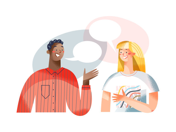 对话的人带着言语泡泡，青年男子在思考，与女子在一起交谈图片下载