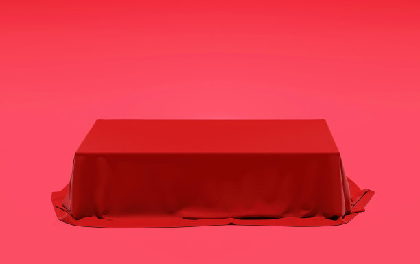 抽象背景红色神秘物体平台覆盖织物纹理材料，三维插图渲染图片下载