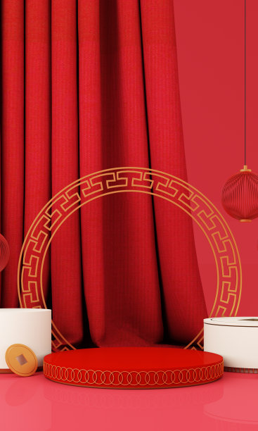 春节风格的红白领奖台产品展柜以黄金和礼品、彩灯、中国图案场景为背景。2022年虎年节日的传统节日概念。三维渲染图片下载