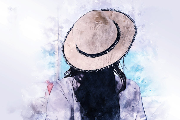 亚洲女人性感和微笑的肖像在海滩上的水彩插图绘画背景。图片下载