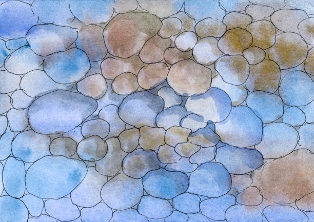 普罗旺斯蓝色水彩背景。黑色的石头。海的背景图片下载