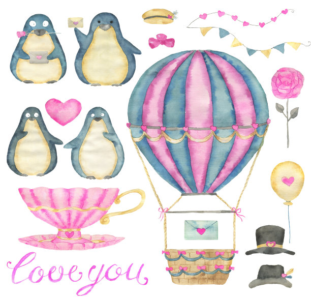 设计集可爱的卡哇伊企鹅鸟与心，空气气球，复古杯和爱情符号孤立在白色，情人节贺卡的概念图片下载