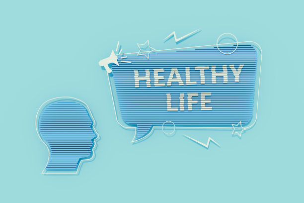 健康生活信息在讲话气泡和人的头部蓝色背景图片下载