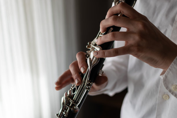 年轻美丽的女士，享受在她的家里演奏她的单簧管，在窗口练习，享受她的音乐和自由时间。图片下载