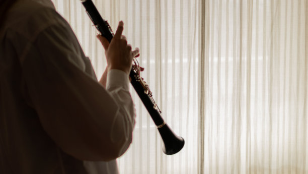 年轻美丽的女士，享受在她的家里演奏她的单簧管，在窗口练习，享受她的音乐和自由时间。图片下载