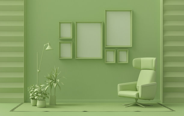 墙壁模型与六个框架在固体平面柔和的浅绿色，单色室内现代客厅家具和植物，3d渲染图片下载