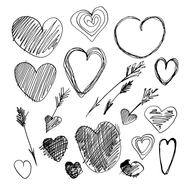 一组墨水线条，一颗心，一组手绘纹理，钢笔涂鸦，孵化，划痕。白色背景隔离图片下载