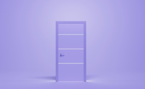 关闭紫色门与光通过它，孤立在薰衣草背景，正面观点。写实插图现代室内木门在空房间，入口门口概念，3d渲染图片下载