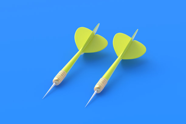 成人和儿童的玩具。休闲游戏。国际锦标赛,比赛。蓝色背景上的黄色飞镖。三维渲染图片下载