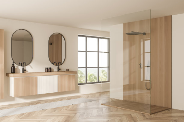 木制浴室内部有两个水槽和淋浴，玻璃隔断，窗户图片下载