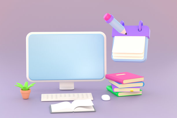 电脑，成堆的书，还有做笔记的纸图片下载