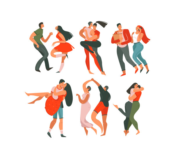 手绘矢量抽象卡通现代图形快乐情人节概念插图艺术收藏集集捆绑与跳舞的夫妇人们一起孤立在白色背景图片下载