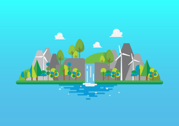 瀑布和山景的平面风格图片下载