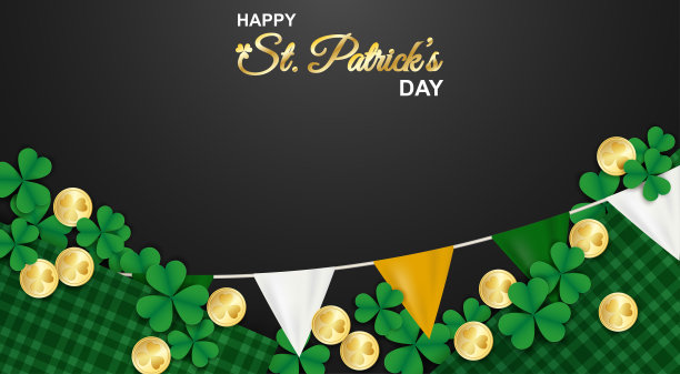 圣帕特里克节快乐。设计与三叶草，金色硬币和绿色苏格兰图案在黑色背景。向量。图片下载