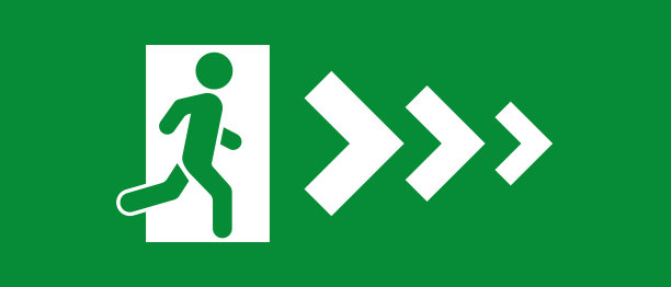 紧急出口绿色带箭头标志，出口人员出门保护。男人从门出去，警告信号。矢量图图片下载
