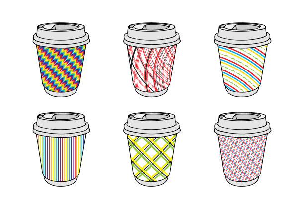 纸咖啡杯系列装饰在经典复古风格的格子，条纹，线条。咖啡去图形模板。热饮带走了概念。让你的咖啡屋的设计引起人们的注意图片下载