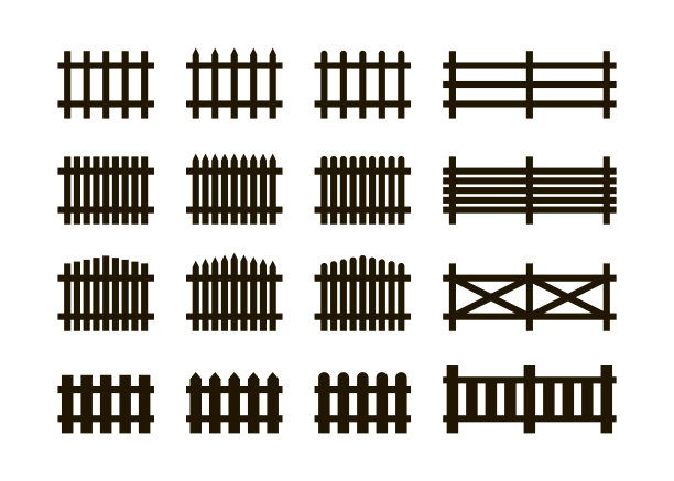 黑色剪影栅栏，木质装饰边界，图形边界。花园或房子的木栅栏。农场的农家围栏，花园的栅栏。矢量图图片下载