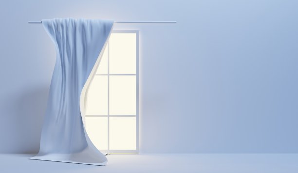 3d渲染，玻璃窗遮光窗帘，飞丝材料挂在飞檐，织物窗帘。现实的室内空房间在家里或酒店与蓝色的墙和地板。现代的最小概念图片下载