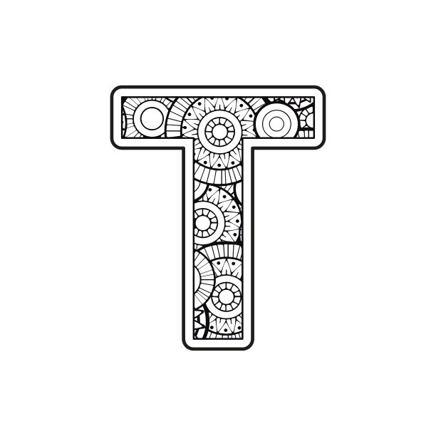 矢量着色页为成人。轮廓黑白大写英文字母T在曼荼罗背景上图片下载