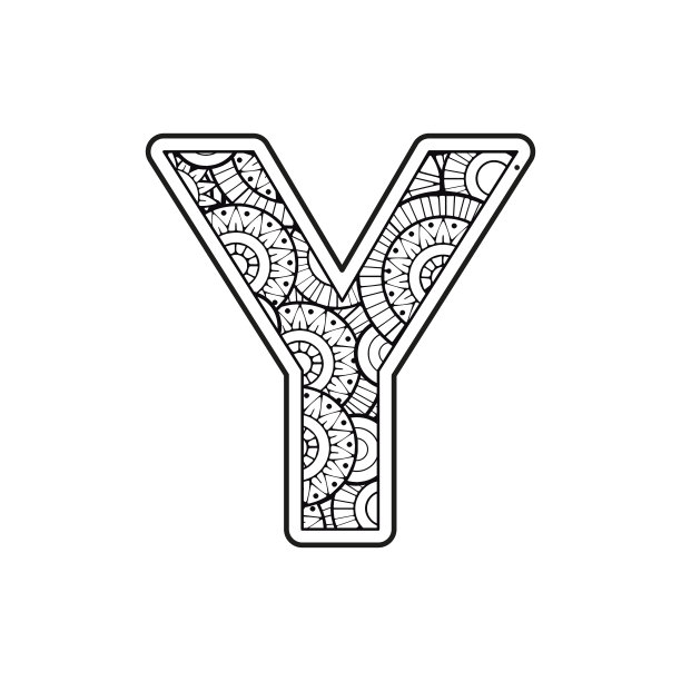 矢量着色页为成人。轮廓黑白大写英文字母Y在曼荼罗背景上图片下载