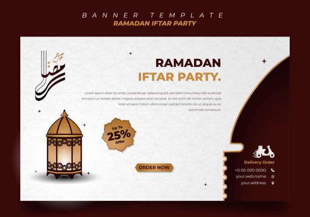 横幅模板在白色，红色和金色的背景与灯笼设计。Iftar的意思是早餐。图片下载