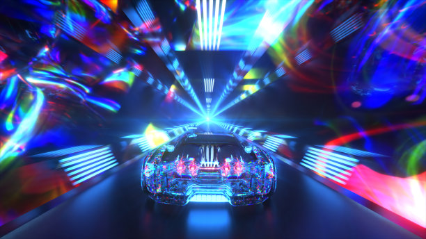 钻石车正高速穿过隧道。蓝色霓虹灯。三维演示图片下载