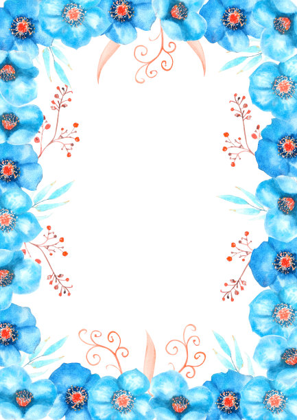 框花水彩插图。蓝色玫瑰在白色孤立的背景。鲜艳的鲜花，树叶，婚礼文具，问候，壁纸，时尚，背景，纹理，包装图片下载