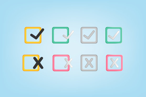 3d卡通风格检查交叉标记，检查表在彩色，彩色设置孤立的白色背景与阴影突出。图片下载