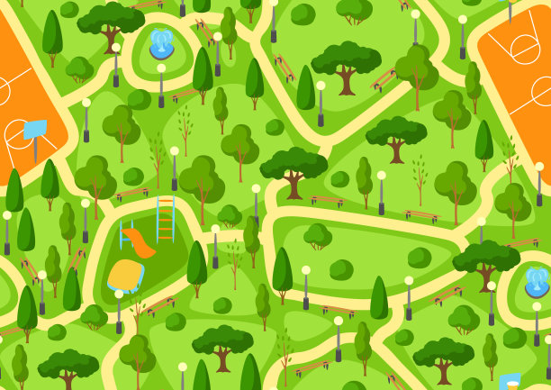 无缝图案与美丽的夏季或春季城市公园。城市公共空间，有草坪和树木供步行。图片下载