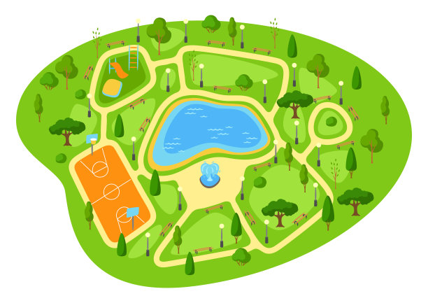 说明美丽的夏季或春季城市公园。城市公共空间，有湖、草坪和散步树木。图片下载