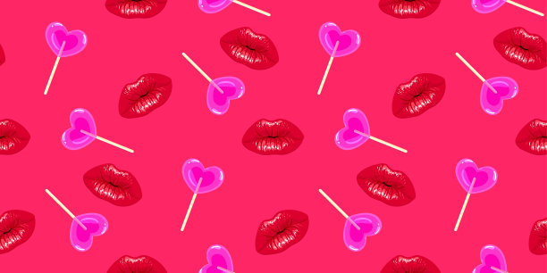嘴唇图案与心形棒棒糖糖果。情人节浪漫的背景图片下载