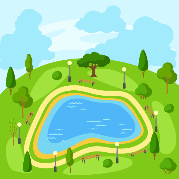 说明美丽的夏季或春季城市公园。城市公共空间，有湖、草坪和散步树木。图片下载